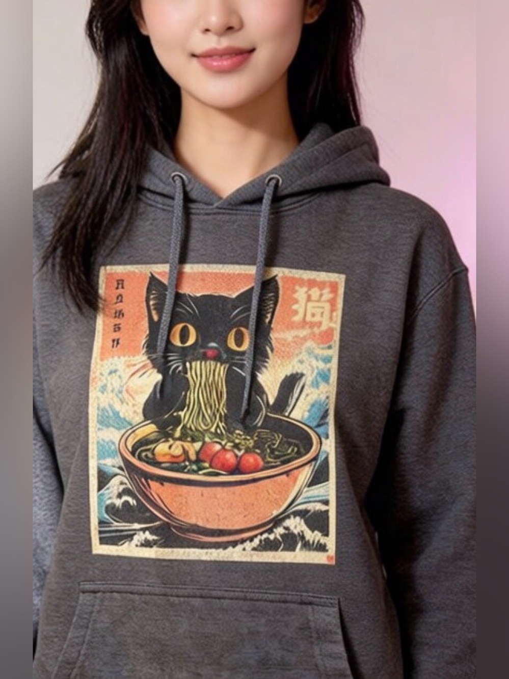 Cat Ramen Graphic Hoodie - Dark Gray
